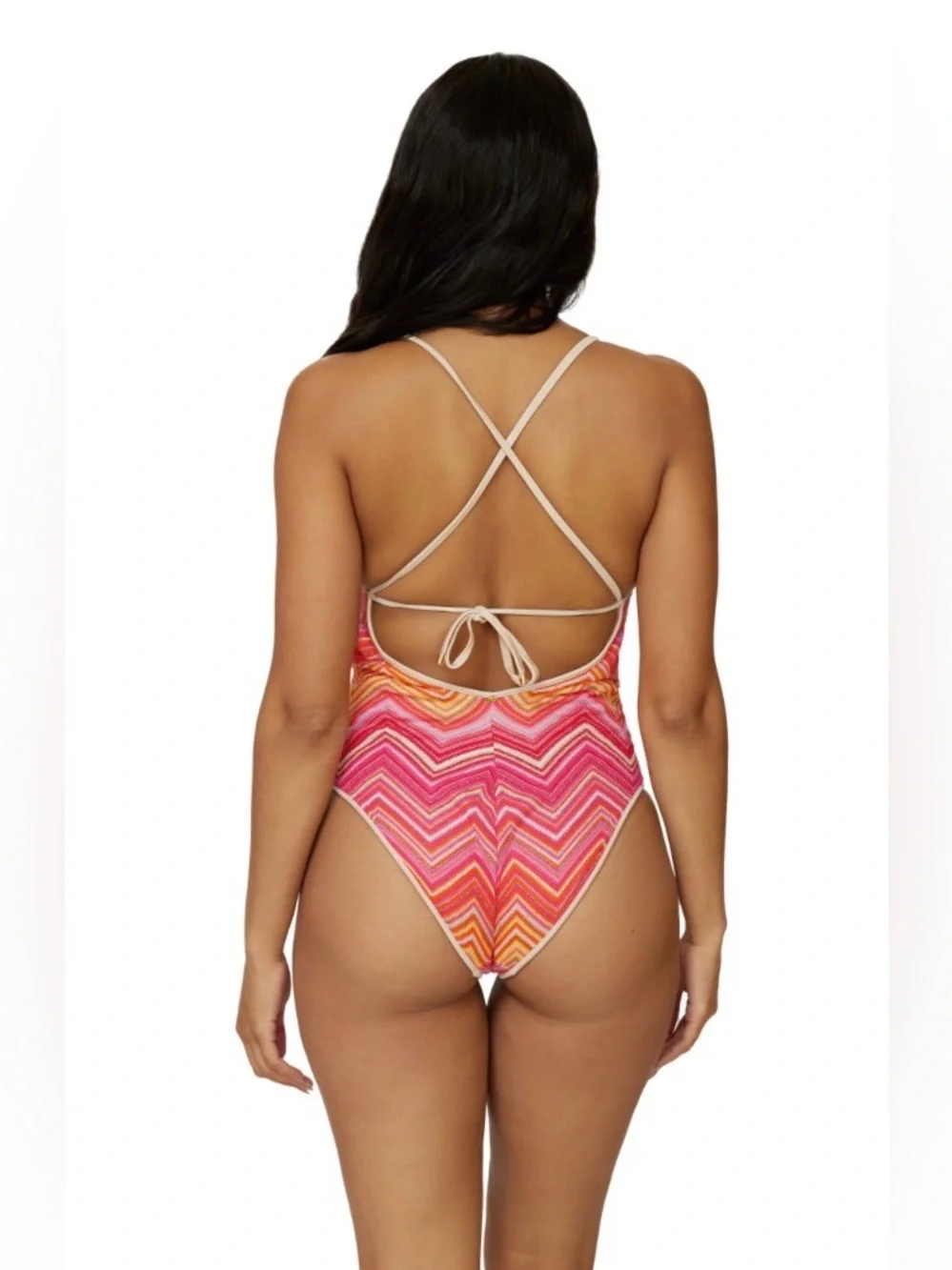 PQ Swim Women’s Margot One Piece Chevron Pink Orange Metallic Knit NWT Size Med